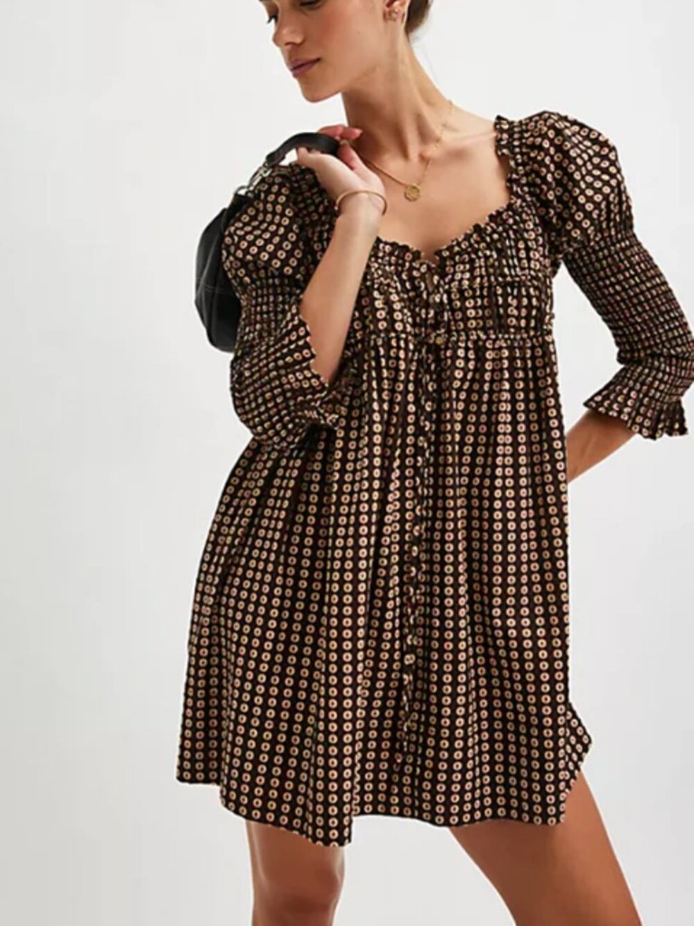 Free People Star Dip Mini‎ Dress Size Small Milkmaid Neckline Smocked Bohemian